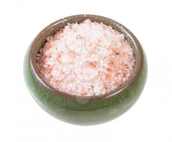 ceramic salt cellar with pink Himalayan Salt isolated on white background