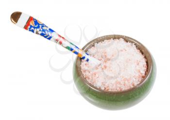 ceramic salt cellar with spoon with pink Himalayan Salt isolated on white background