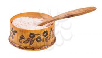 side view of wooden salt cellar with spoon with pink Himalayan Salt isolated on white background