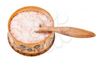 wooden salt cellar with spoon with pink Himalayan Salt isolated on white background