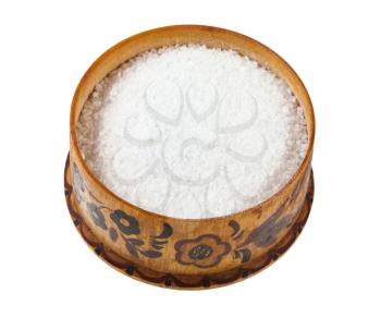 wooden salt cellar with grained Rock Salt isolated on white background