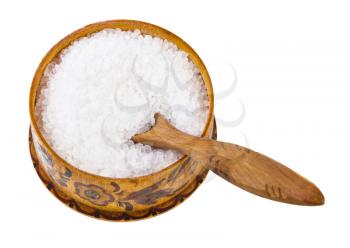 old wood salt cellar with spoon with coarse grained Sea Salt isolated on white background