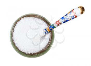 ceramic salt cellar with spoon with fine ground Sea Salt isolated on white background