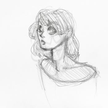 sketch of head of surprised girl with large eyes hand-drawn by black pencil on white paper