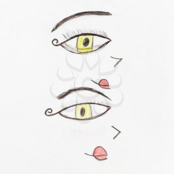 pair of decorative human yellow eyes hand-drawn by colour pencils on white paper
