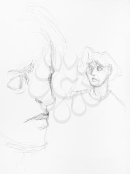 sketches of male head and face hand-drawn by black pencil on white paper