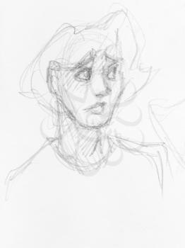 sketch of head of teenager with incredulous face hand-drawn by black pencil on white paper
