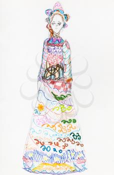 girl in folk long dress hand-drawn by pencils and felt pens on white paper