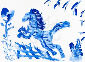 blue horse jupms in a field of blue grass handpainted by watercolours on white paper