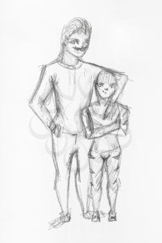 sketch of girl and mustached man hand-drawn by black pencil on white paper