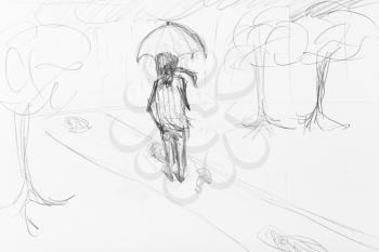 sketch of man under umbrella walking in city park in rain hand-drawn by black pencil on white paper
