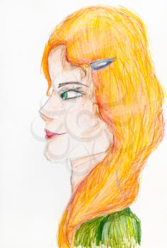 portrait of irish woman with green eyes and yellow hair hand-drawn by colour pencils on white paper