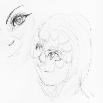 sketches of girl's faces in anime style hand-drawn by black pencil on white paper