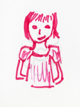 sketch of girl hand-drawn by pink felt pen on white paper