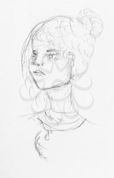 sketch of girl's head with displeased face and bun hairstyle hand-drawn by black pencil on white paper