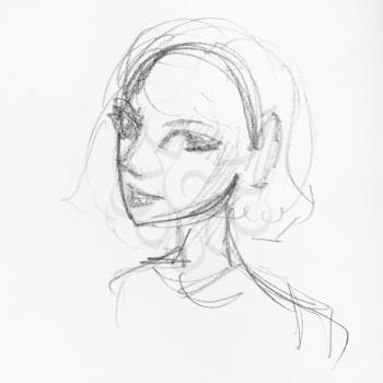 sketch of girl's head with cheerful face hand-drawn by black pencil on white paper