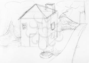 sketch of two-storey townhouse near road hand-drawn by black pencil on white paper