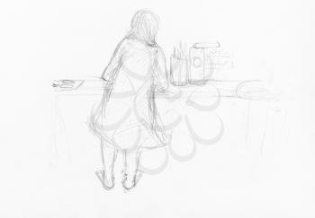 sketch of mother cooking food on kitchen table hand-drawn by black pencil on white paper