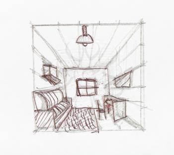 convergence of perspective lines in domestic room hand-drawn by black pencil and ink on white paper