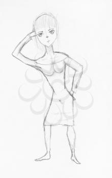 sketch of dancing girl hand-drawn by black pencil on white paper