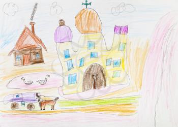 country landscape with church, pond and hut hand-drawn by colour pencils on white paper