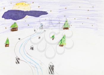road in snowfield between fir trees in winter night hand-drawn by colour pencils on white paper