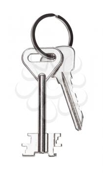 two door keys on keyring isolated on white background