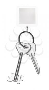keys on key ring with blank keychain isolated on white background