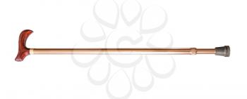adjustable walking stick with derby style wooden handle and copper shaft isolated on white background