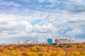 large white clouds in blue sky over yellow city park on sunny autumn day
