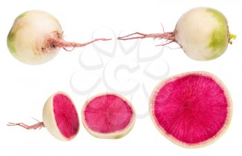 whole and cutted watermelon radishes isolated on white background