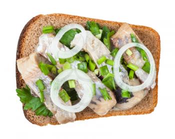 top view of open sandwich salted herring and onion isolated on white background