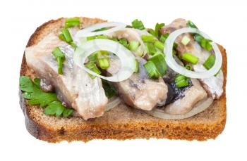 open sandwich salted herring and onion isolated on white background