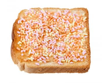 dutch sweet open sandwich with toast and fruithails (sugar topping sprinkles) isolated on white background