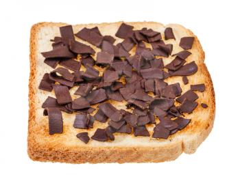 dutch sweet open sandwich with toast and chocoladevlokken (topping from chocolate flakes) isolated on white background
