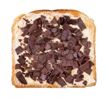 top view of dutch sweet toast with butter and chocoladevlokken (topping from chocolate flakes) isolated on white background