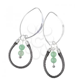 top view of hand crafted silver earrings from leather lace and green jade beads isolated on white background