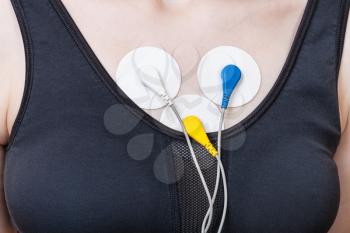 electrodes of Holter monitor of electrocardiogram are attached to chest