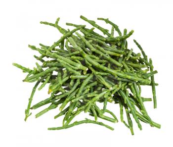 top view of pile of fresh twigs of Salicornia (glasswort) plant isolated on white background