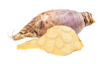 sliced and whole of fresh rutabaga root isolated on white