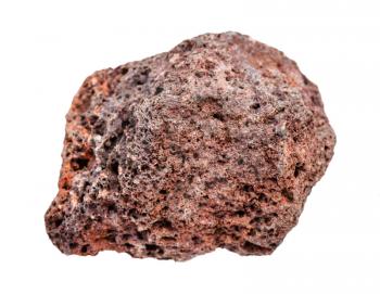 closeup of sample of natural mineral from geological collection - pebble of red brown Pumice rock isolated on white background