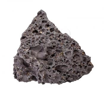 closeup of sample of natural mineral from geological collection - rough black Pumice rock isolated on white background