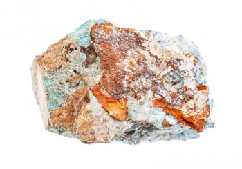 closeup of sample of natural mineral from geological collection - unpolished Scorodite rock isolated on white background