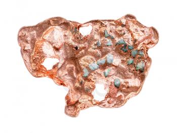 closeup of sample of natural mineral from geological collection - native copper isolated on white background