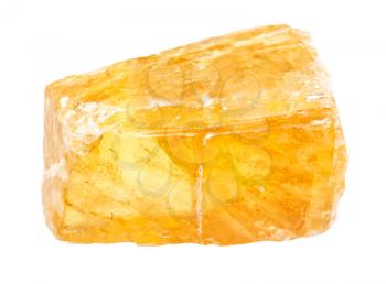 closeup of sample of natural mineral from geological collection - unpolished transparent yellow Calcite gemstone isolated on white background