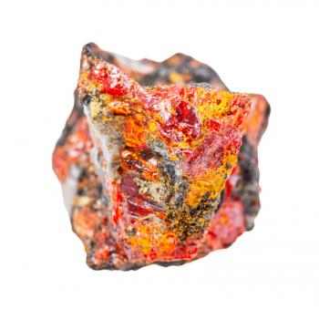 closeup of sample of natural mineral from geological collection - unpolished Realgar rock isolated on white background