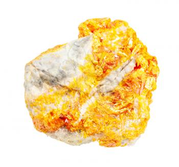 closeup of sample of natural mineral from geological collection - Orpiment crystals on rock isolated on white background