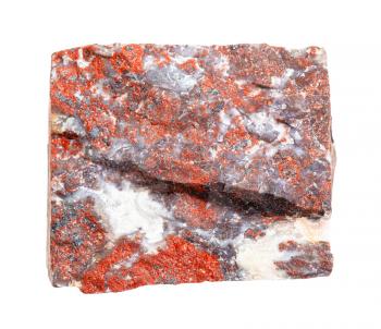closeup of sample of natural mineral from geological collection - unpolished red Jasper rock isolated on white background