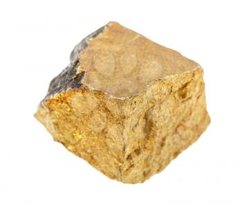 closeup of sample of natural mineral from geological collection - raw yellow Chalcopyrite rock isolated on white background