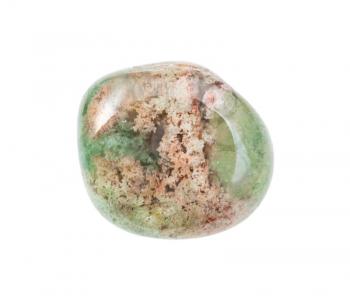 closeup of sample of natural mineral from geological collection - moss agate gemstone isolated on white background